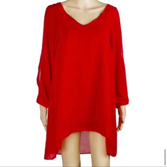 Red chiffon tunic, high low, mid length dress M - Picture 5 of 5